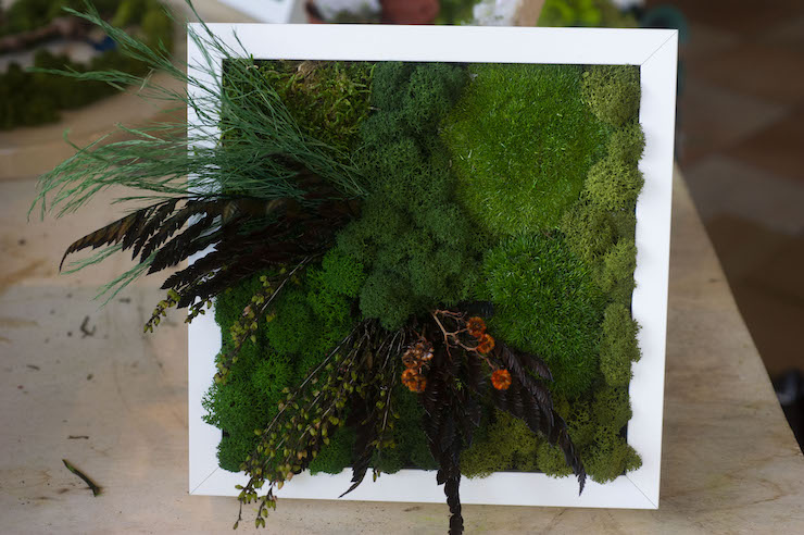 Quadro di muschio stabilizzato e fioriture di piante rare creato da Grus House Green